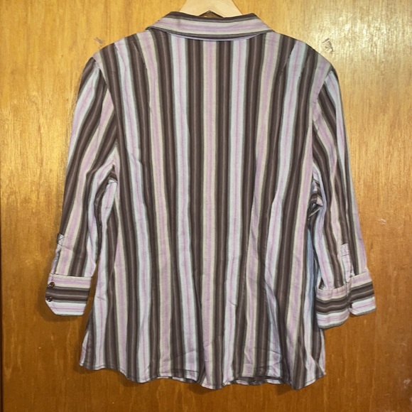 •ST.JOHN'S BAY•BROWN & PINK STRIPED 3/4 SLEEVE V NECK BUTTON UP BLOUSE XL EUC - Picture 4 of 6